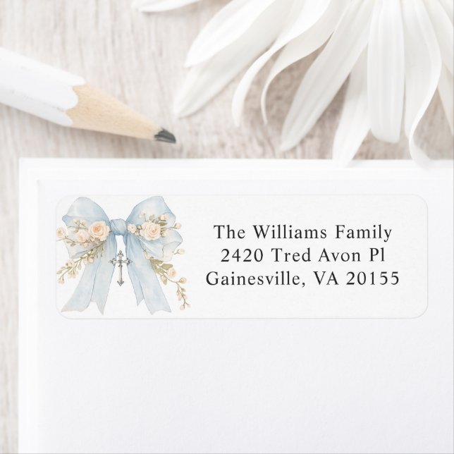 Girl's First Communion Dusty Blue Floral Bow Label (Insitu)