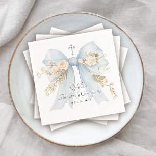 Girl's First Communion Dusty Blue Floral Bow Napkins