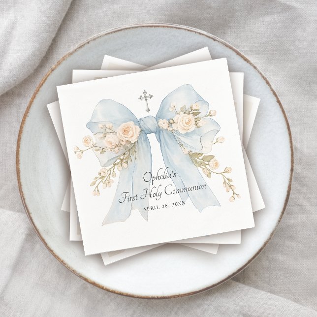 Girl's First Communion Dusty Blue Floral Bow Napkins (Creator Uploaded)
