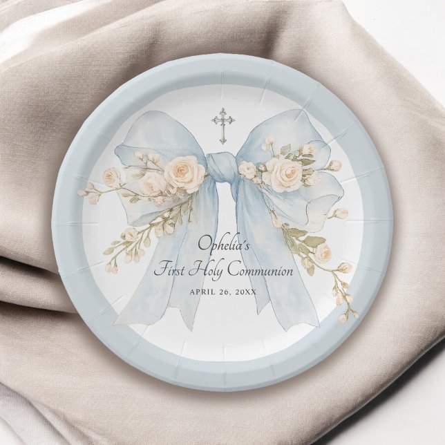 Girl's First Communion Dusty Blue Floral Bow Paper Plates (Creator Uploaded)