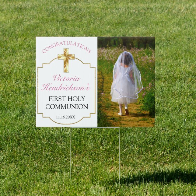 Girls First Communion Gold Cross Photo Lawn Yard Sign (Insitu)
