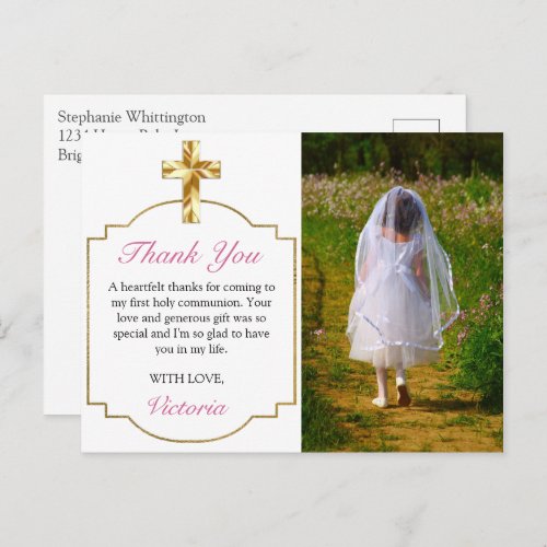 Girls First Communion Gold Cross Photo Thank You Postcard