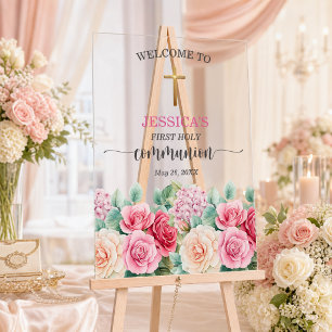 Girl's First Communion Gold Cross Roses Floral Acrylic Sign