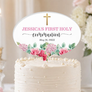 Girl's First Communion Gold Cross Roses Floral  Cake Topper