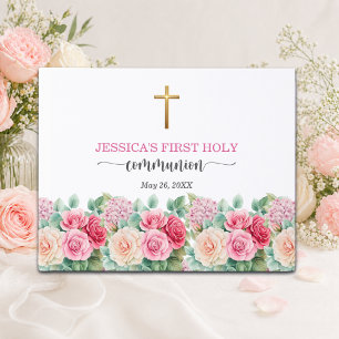 Girl's First Communion Gold Cross Roses Floral Guest Book