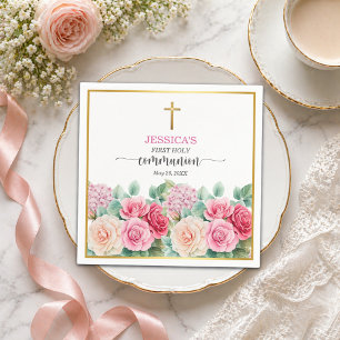 Girl's First Communion Gold Cross Roses Floral Napkins