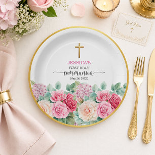 Girl's First Communion Gold Cross Roses Floral Paper Plates