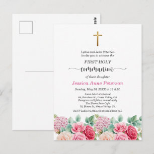 Girl's First Communion Gold Cross Roses Floral Postcard