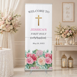 Girl's First Communion Gold Cross Roses Floral Retractable Banner