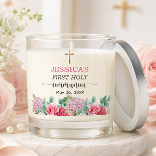 Girl's First Communion Gold Cross Roses Floral  Scented Candle