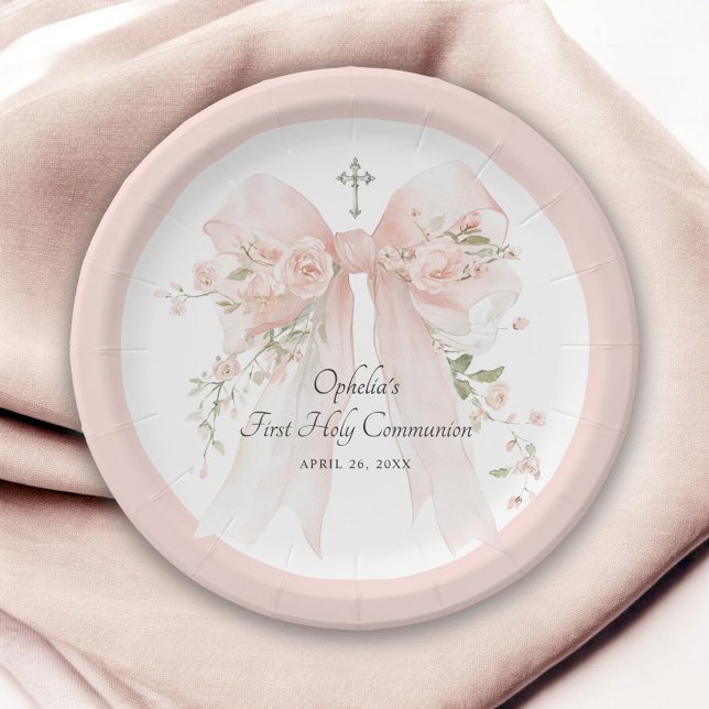 Girl's First Communion Pink Bow Floral Paper Plates (Creator Uploaded)