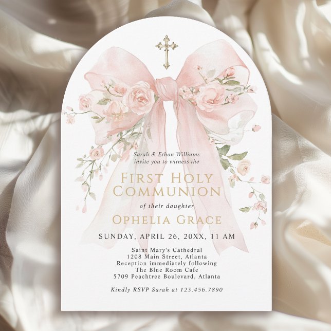 Girl's First Communion Pink Floral Bow Arched Invitation (May be ordered in both printed and instant download digital formats.)