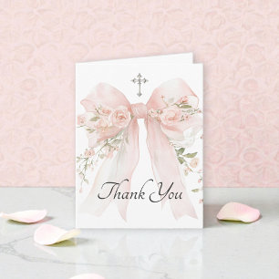 Girl's First Communion Pink Floral Bow Letterpress Thank You Card