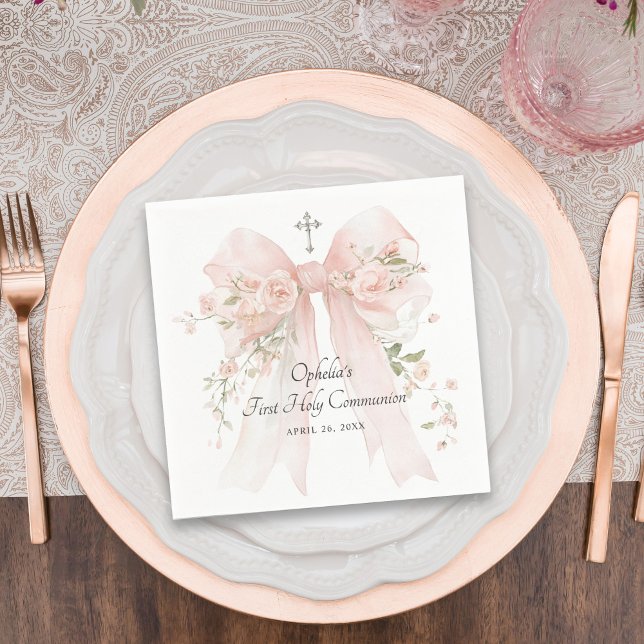 Girl's First Communion Pink Floral Bow Napkins (Creator Uploaded)
