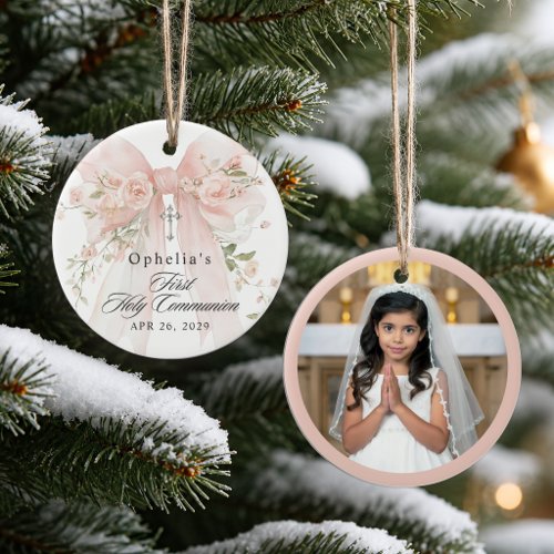 Girl's First Communion Pink Floral Bow Photo Ceramic Ornament