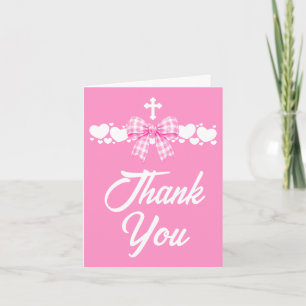 Girl's First Communion Pink Gingham Bow Letterpress Thank You Card