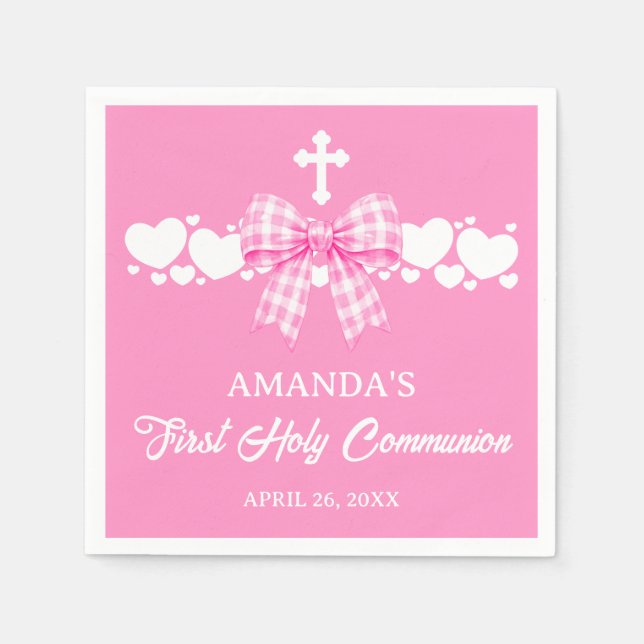 Girl's First Communion Pink Gingham Bow Napkins (Front)