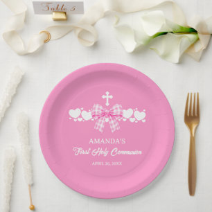 Girl's First Communion Pink Gingham Bow Paper Plates