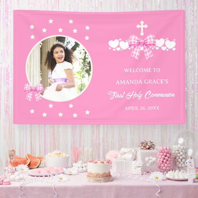 Girl's First Communion Pink Gingham Bow Photo Banner (Party)