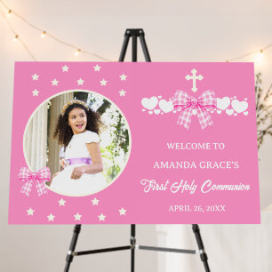 Girl's First Communion Pink Gingham Bow Photo Foam Board