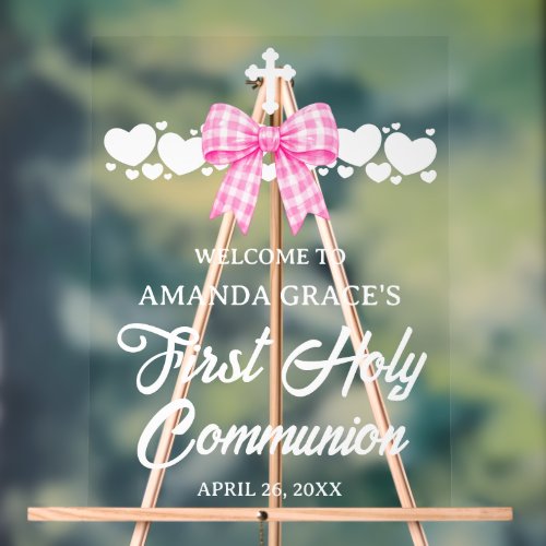 Girl's First Communion Pink Gingham Bow Welcome Acrylic Sign