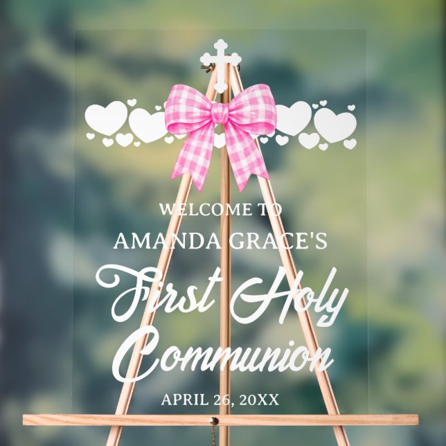 Girl's First Communion Pink Gingham Bow Welcome Acrylic Sign (Neutral)