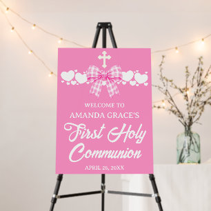 Girl's First Communion Pink Gingham Bow Welcome Foam Board