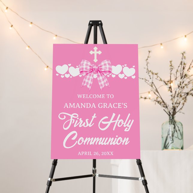 Girl's First Communion Pink Gingham Bow Welcome Foam Board (In Situ (Stand))
