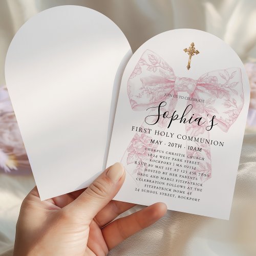 Girl's First Communion Pink Toile Bow Cross Arch