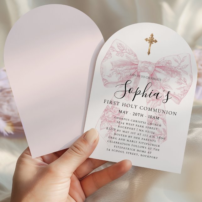 Girl's First Communion Pink Toile Bow Cross Arch Invitation (Creator Uploaded)