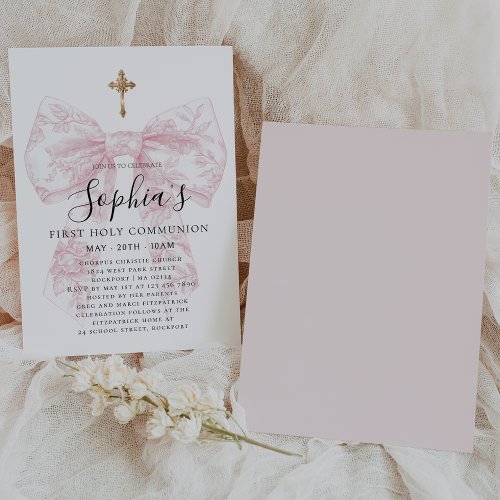 Girl's First Communion Pink Toile Bow Cross 