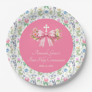 Girl's First Communion Pink Wildflower Bow Paper Plates