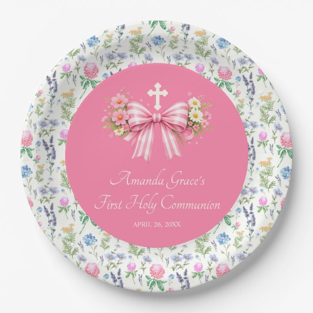 Girl's First Communion Pink Wildflower Bow Paper Plates (Front)