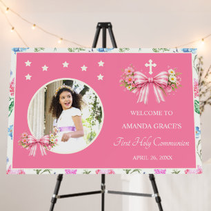 Girl's First Communion Pink Wildflower Bow Photo Foam Board
