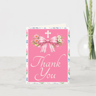 Girl's First Communion Pink Wildflower Bow Thank You Card