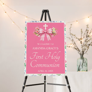 Girl's First Communion Pink Wildflower Bow Welcome Foam Board