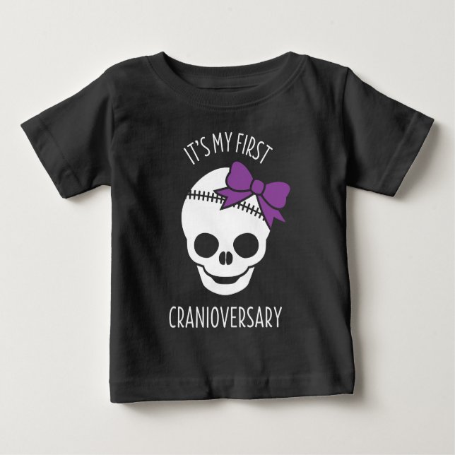 Girls First Cranioversary Skull with Bow Baby T-Sh Baby T-Shirt (Front)