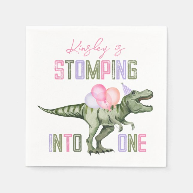 Girl's First Dinosaur Birthday Paper Napkins (Front)