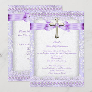 Girls First Holy Communion Cross Pretty Lavender 2 Invitation
