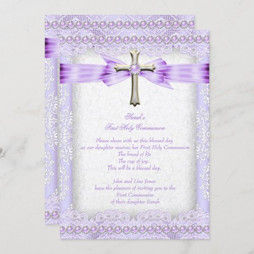 Girls First Holy Communion Cross Pretty Lavender 2 Invitation