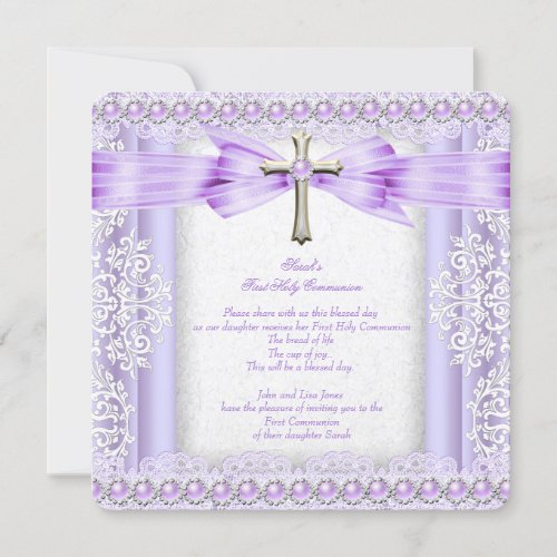 Girls First Holy Communion Cross Pretty Lavender 2 Invitation