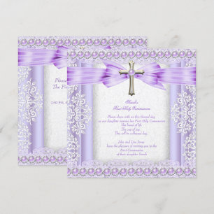 Girls First Holy Communion Cross Pretty Lavender 2 Invitation