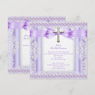 Girls First Holy Communion Cross Pretty Lavender 2 Invitation
