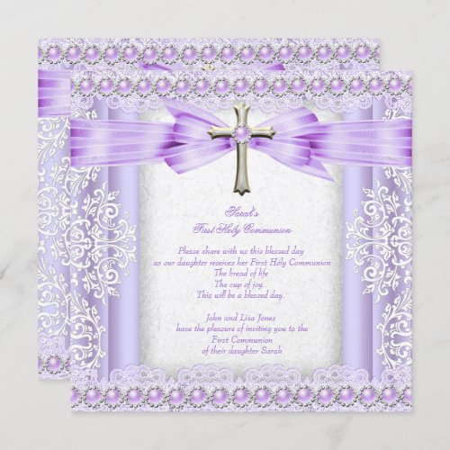 Girls First Holy Communion Cross Pretty Lavender 2 Invitation