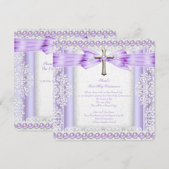 Girls First Holy Communion Cross Pretty Lavender 3 Invitation (Front/Back)