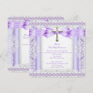 Girls First Holy Communion Cross Pretty Lavender 3 Invitation