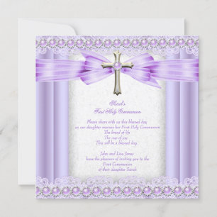 Girls First Holy Communion Cross Pretty Lavender Invitation