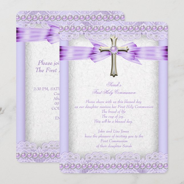Girls First Holy Communion Cross Pretty Lavender Invitation (Front/Back)