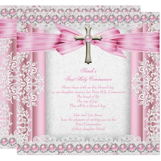 Girls First Holy Communion Cross Pretty Pink Invitation