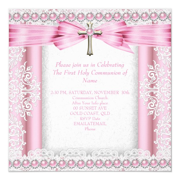 Girls First Holy Communion Cross Pretty Pink Invitation